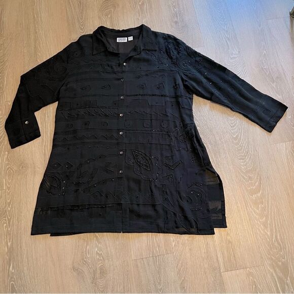 VTG Chico’s Black Beaded Oversized button Up Tunic Swim Cover Up Split Hem 3 XL - Picture 6 of 16